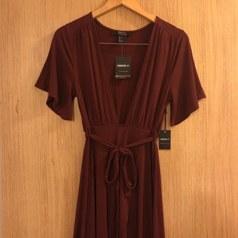 Ribbed Knit Wrap Dress with Plunging Open Neckline